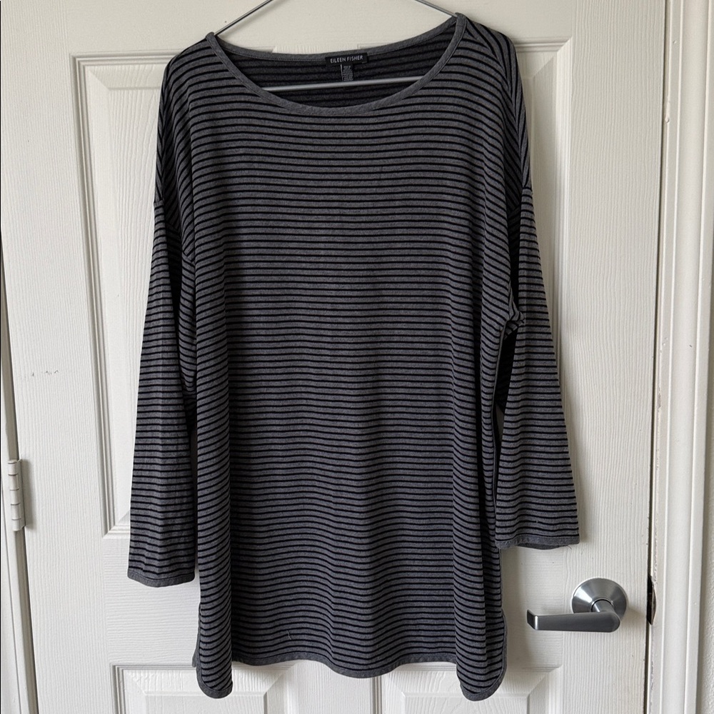 Eileen Fisher Black and Gray Striped Top. - Picture 2 of 10